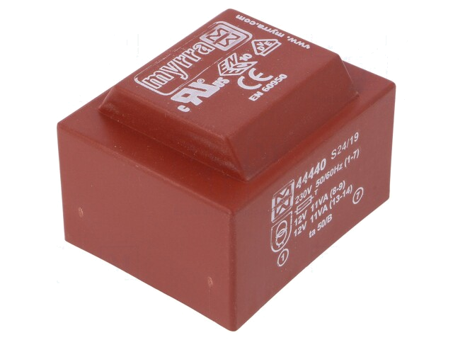 Transformator: ingegoten; 22VA; 230VAC; 12V; 12V; 917mA; 917mA; PCB Transformator: ingegoten; 22VA; 230VAC; 12V; 12V; 917mA; 917mA; PCB